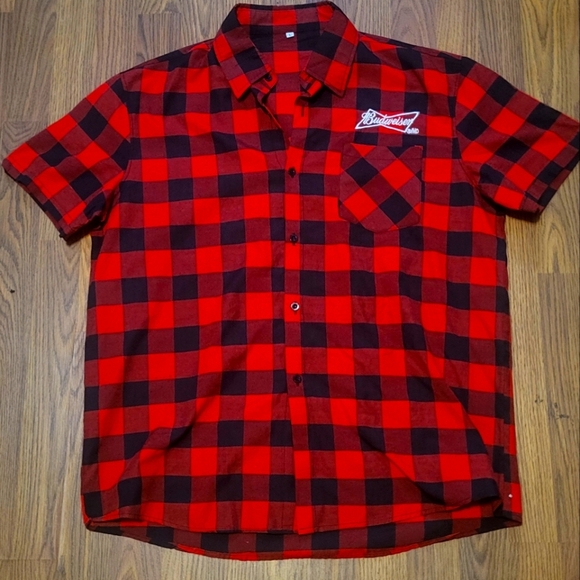 Budweiser button up top t-shirt size L western Black & Red plaid - Picture 1 of 7